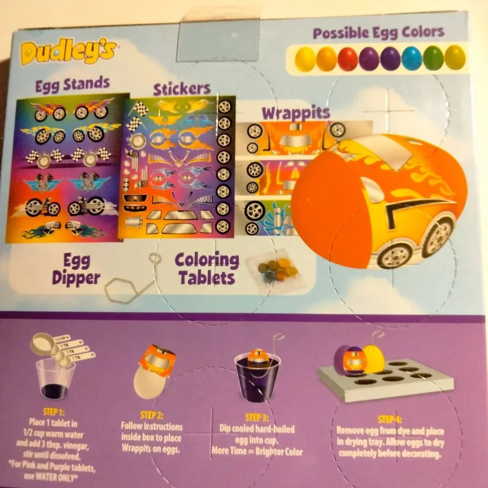 Dudleys Easter Egg Decorating Kit Hot Rods Dye Foil Stickers Stand Dipper